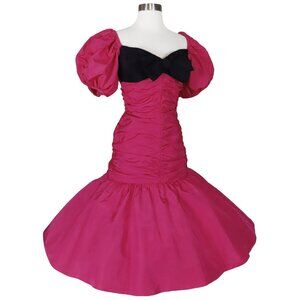 Vintage 80s Pink Puff Sleeve Black BOW Mermaid Full Skirt Prom Party Dress S M